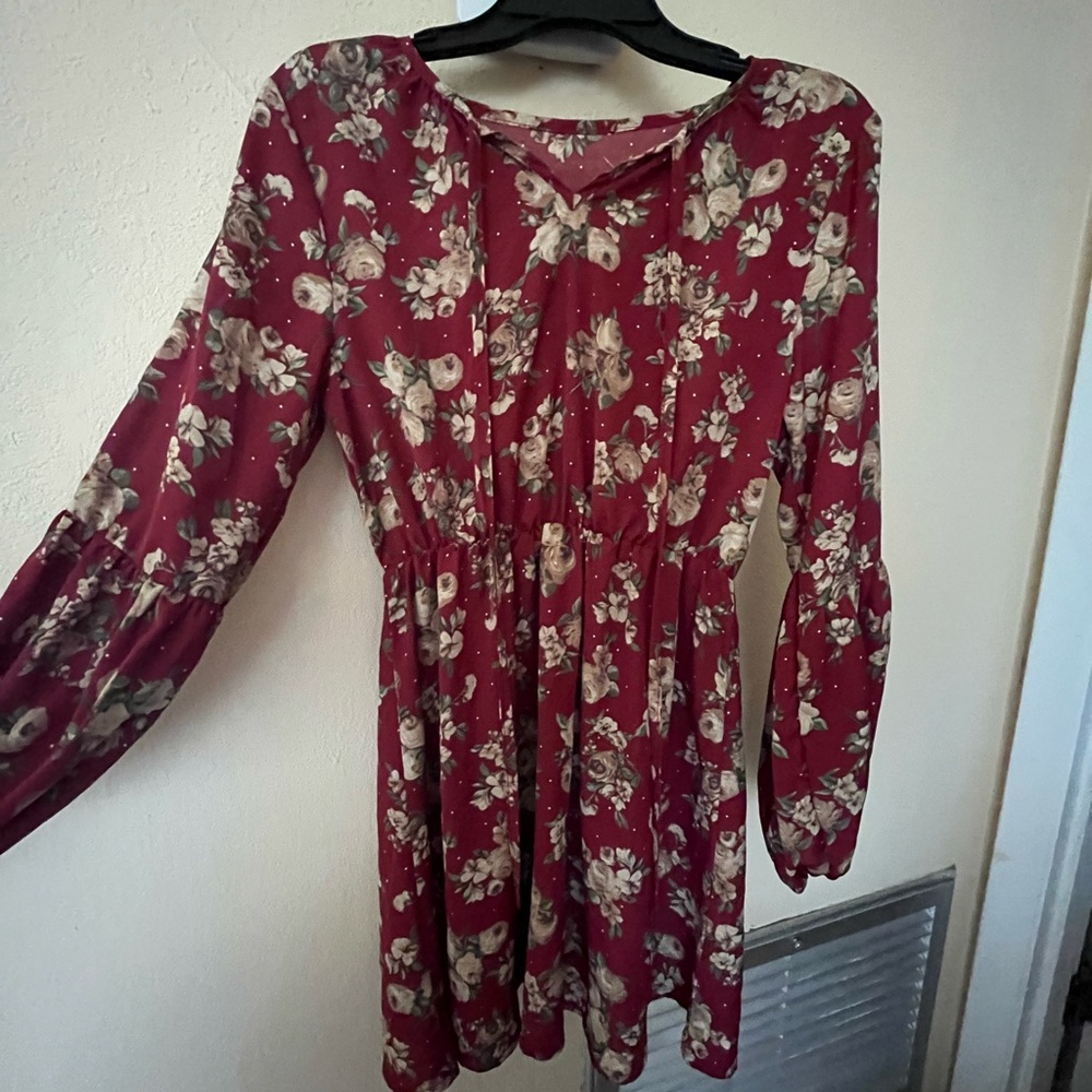Floral Long Bell Sleeve Dress - Red and Cream